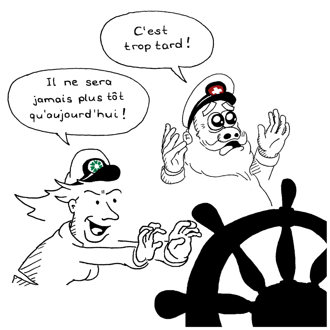 Zwei Seeleute vor einem Steuerrad. Die junge Frau auf der linken Seite mit dem Logo der Digitalen Gesellschaft greift energisch nach dem Steuer. Der ältere Herr zur Rechten mit Bart verwirft die Hände und hat einen verzweifelten Gesichtsausdruck. Der Mann sagt: “C’est trop tard !” Die Frau entgegnet: “Il ne sera jamais plus tôt qu’aujourd’hui !”