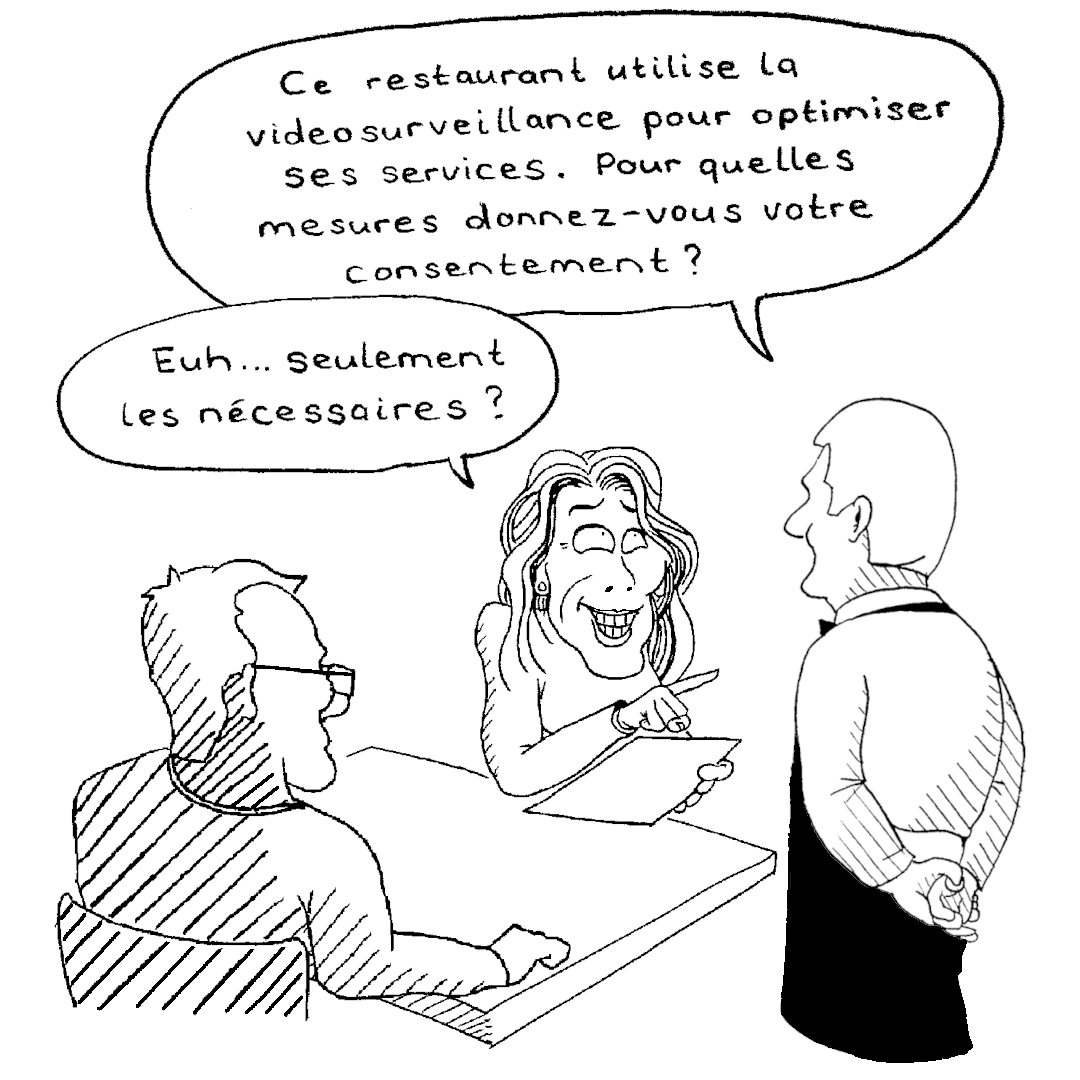 Ein Tisch mit zwei Personen und einem Kellner. Die eine Person, ein Mann mit Brille, sitzt unbeteiligt da. Die andere, eine Frau mit langem Haar und einem leicht eingeschüchterten Gesichtsausdrucl, hält die Menu-Karte in der Hand und hebt den Zeigefinger Richtung Kellner. Der Kellner fragt: “Ce restaurant utilise la videosurveillance pour optimiser ses services. Pour quelles mesures donnez-vous votre consentement ?” Die Frau antwortet: “Euh… seulement les nécessaires.”